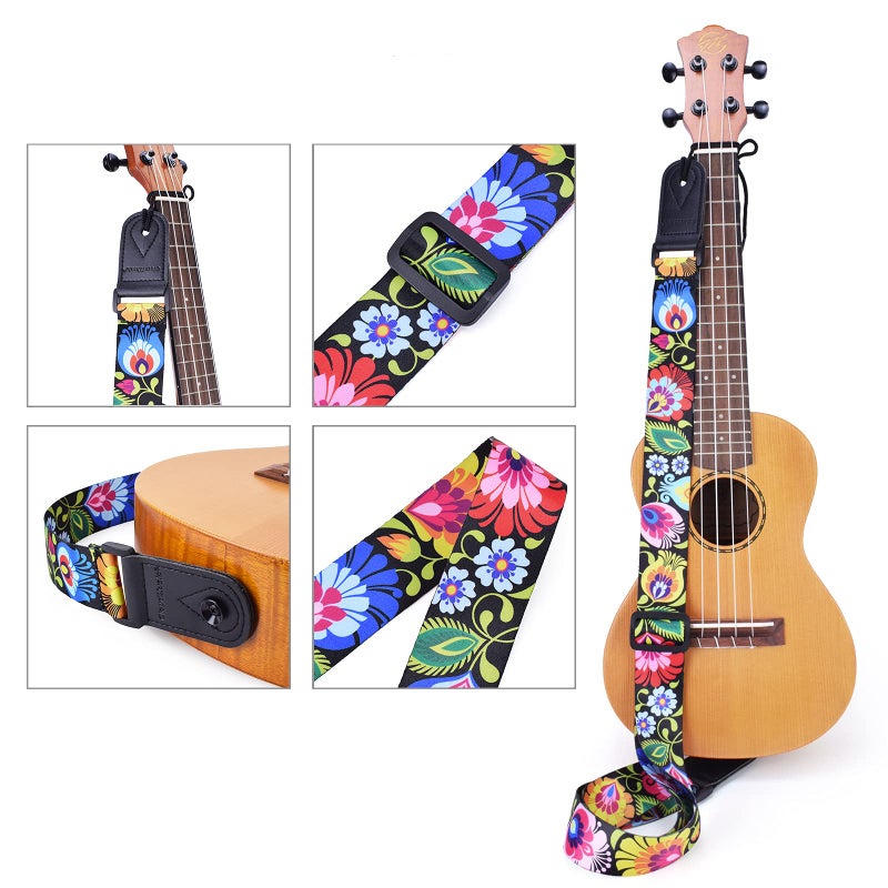 CLOUDMUSIC Tenor Concert Soprano Baritone Ukulele Strap Coloful Floral Pattern Straps With 2 Buttons For Adult Size And Kids Peacock Flowers In Black - Image 5